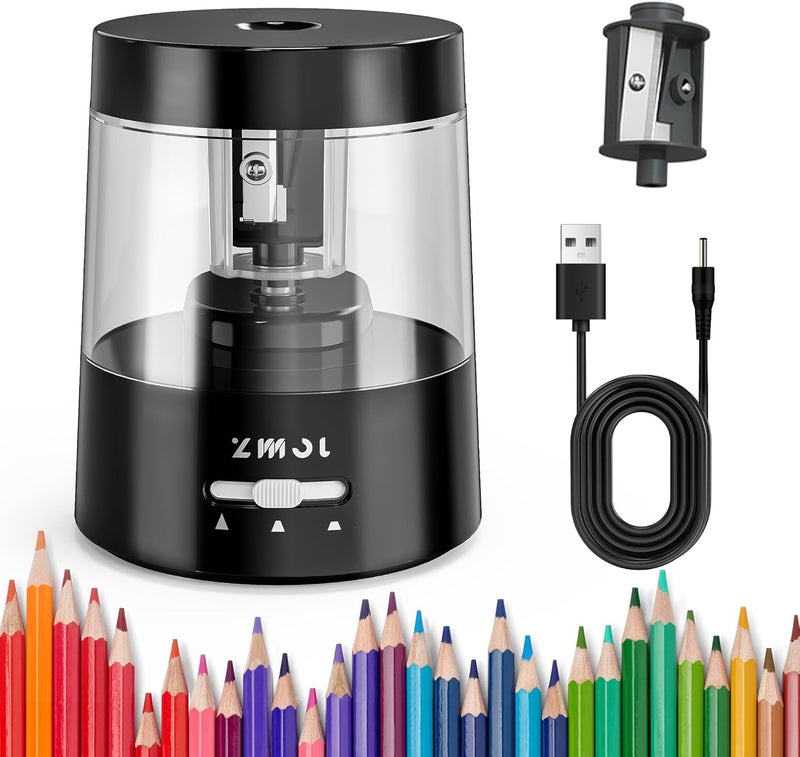 Zmol Electric Pencil Sharpener for Colored Pencils, Battery Operated Powered Pencil Sharpener Plug in for Kids 6-8mm No.2/Office/Home/Black - Image 1